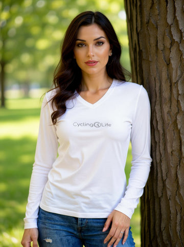 T-shirt à manches longues et col en V pour femme en blanc